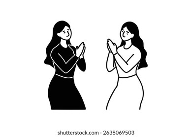 Two women praying line drawing black and white illustration