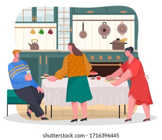 Two women prepare table for dinner in kitchen. Celebration of event with food and drink. Friends spending time together. People talking during dinner preparation. Vector illustration of home reception