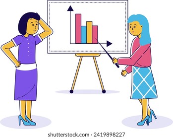 Two women presenting graph on flipchart in business meeting. Female professionals discussing statistics or report. Teamwork and analysis concept vector illustration.