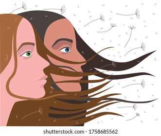 Two women in profile on one side looking ahead. The wind develops their hair. Fluff and flowers fly in the air