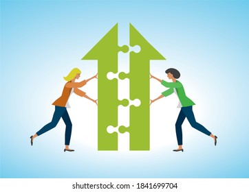 Two women put puzzle arrow togheter. Vector illustration. EPS10.