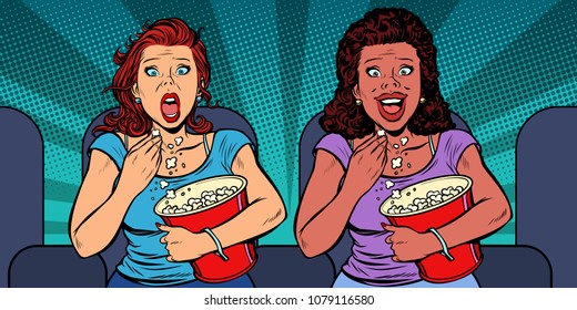 Two women react differently to the movie. laughs and fears. Fast food in the cinema hall. Pop art retro vector illustration comic cartoon vintage kitsch