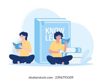 dos mujeres leyendo libros para aprender el concepto de tendencia del conocimiento ilustración plana