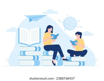 dos mujeres leyendo libros estudiando el concepto de tendencia científica ilustración plana