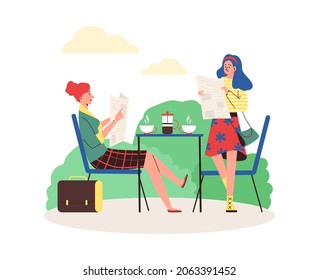 Two women reading news in daily newspapers over cup of coffee. Female persons sit at table in park during breakfast or break to lunch and read articles. Vector flat illustration.