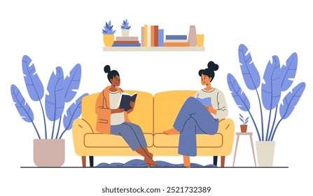 Dos mujeres leyendo en el sofá amarillo plantas de interior estantes de libros