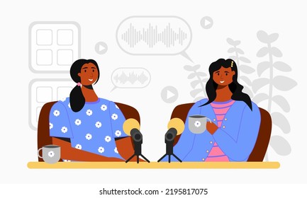 Two women recording podcast at studio. Ilustration Character of interviewing guest on podcast vector art.