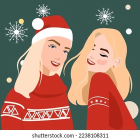 Dos mujeres con cálidos y rojos sudaderas de Año Nuevo celebran Año Nuevo y Navidad. La mujer lleva puesto el sombrero de Año Nuevo de Santa. Mujeres elegantes con el fondo de copos de nieve y decoración navideña.