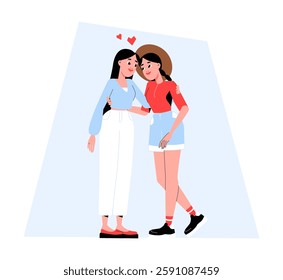 Two Women In A Relationship In Flat Vector Illustration Symbolizing LGBTQ Plus Love, Affection, And Equality, Isolated On White Background