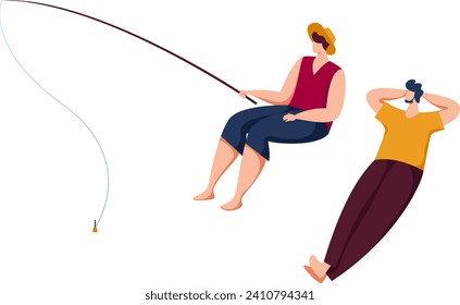 Two women relax by a lake, one fishing with a rod, the other enjoying leisure time. Serene outdoor activity, female relaxation, and fishing hobby vector illustration.