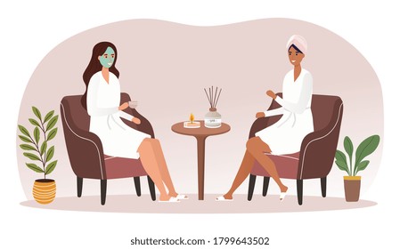 Two women relaxing chatting at a spa while enjoying beauty treatments in a skincare and wellness concept, colored vector illustration