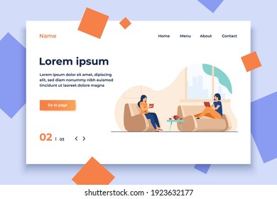 Two women relaxing at home. Girls reading book, using tablet, drinking tea flat vector illustration. Leisure, friends meeting, roomies concept for banner, website design or landing web page