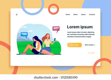 Two women relaxing on nature and using smartphones. Nature, social media, message flat vector illustration. Digital technology and lifestyle concept for banner, website design or landing web page