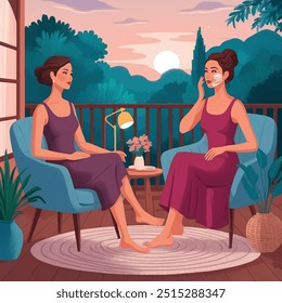 Duas mulheres relaxando em um pátio durante o pôr do sol, curtindo uma conversa. Ideal para ilustrações de estilo de vida, momentos noturnos e conceitos de relaxamento.