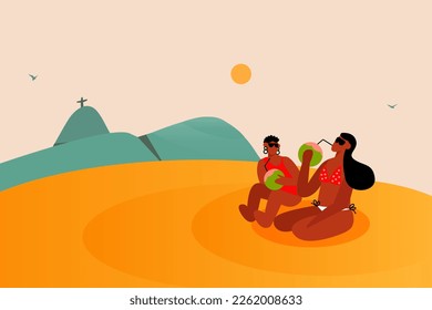 Two women Relaxing on Seaside Beach in Rio de Janeiro, Brazil. Vector illustration. Vacation, season travel, leisure, cartoon.