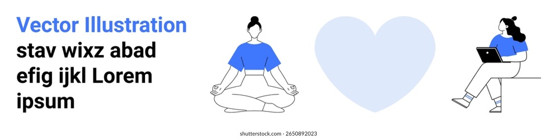 Duas mulheres representam equilíbrio: uma medita pacificamente, e a outra trabalha em um laptop. Um grande coração simboliza harmonia. Ideal para bem-estar, produtividade, atenção plena, autocuidado, saúde mental