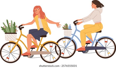 Two women riding their bikes side by side, enjoying a leisurely conversation, with baskets filled with plants and a bottle adding a touch of carefree charm to their outing