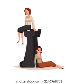Two women with rook chess piece as symbol of business strategy, flat vector illustration isolated on white background. Success and achievement at career. People playing chess board game.