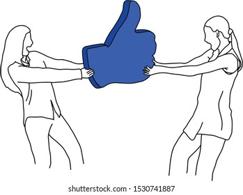 two women scramble for blue like sign vector illustration sketch doodle hand drawn with black lines isolated on white background