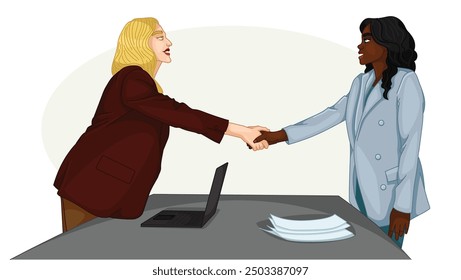 Two women shake hands following an agreement. The scene shows two business partners finalizing a deal in an office.