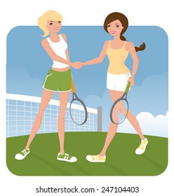 Two women shaking hands after a tennis match.