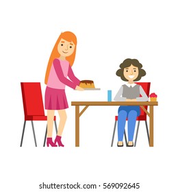 Two Women Sharing A Cake, Smiling Person Having A Dessert In Sweet Pastry Cafe Vector Illustration