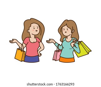 Two women with shopping bags talk each others, doodle cute illustration isolated