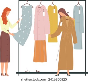 Two women shopping for clothes, examining a dress and coat. Fashion choices, wardrobe update. Shopping day and women's fashion vector illustration.