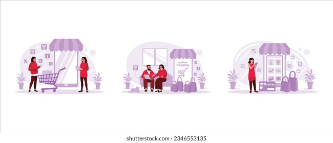 Two women are shopping online, a married couple is shopping online on a laptop, and a woman is shopping online via a mobile phone. Set Trend Modern vector flat illustration