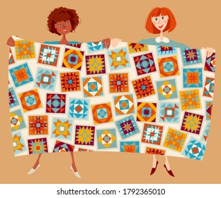 Two women show multi-colored quilt. Patchwork. Quilting. Vector illustration.  