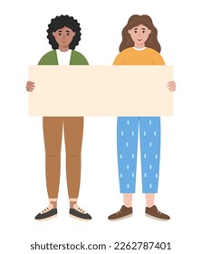 Two women showing an empty sign together. Template for information campaign, advertising, women's rights or peace demonstration themes. Vector illustration in flat style isolated on white background.
