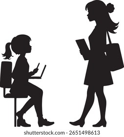 Duas mulheres são mostradas na silhueta, uma sentada com um laptop e a outra de pé com um livro e uma bolsa.