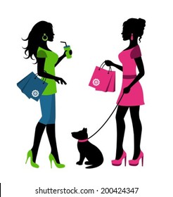 Two women silhouettes with packages and a dog on a leash