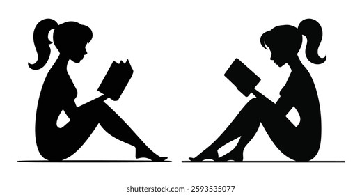 Two women silhouettes reading books vector illustration.