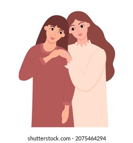 Two women sisters stand side by side looking at each other and smiling. Female friendship is caring.
