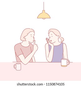 Dos mujeres sentadas en un café y comparten una historia secreta. ilustraciones de diseño vectorial de estilo dibujado a mano.