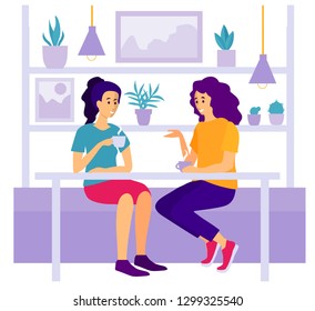 Two women sit in a cafe and and talk. Women sitting at cafe or restaurant tables talking to each other, drinking coffee with friend. Vector design illustrations. 