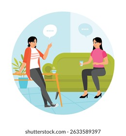 Two women sit drinking in a cozy living room and chat pleasantly. The scene depicts warmth, friendship, and leisure. Talking concept.