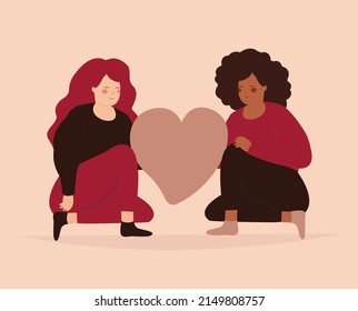 Two women sit and hold a big heart and looks happy. Girls with different ethnicity support each other. Body positive, friendship, self-acceptance and Love Yourself concept. Vector illustration