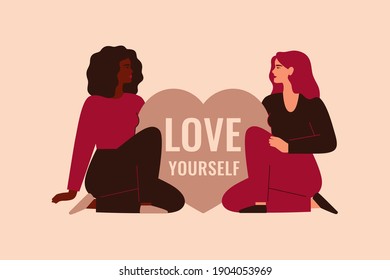 Two women sit near the big heart with the inscription "Love Yourself". Confident girls support each other. Body positive and self-acceptance concept. Vector illustration