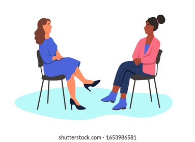 Two Women Sit Opposite Each Other On Chairs. The Concept Of The Interview, Psychotherapy. Flat Cartoon Vector Illustration.