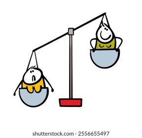 Two women are sitting in a bowl on a scale. Vector illustration of cartoon fat girl looking displeased. Heavy and light female stickmen compete in beauty.