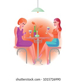 Two Women Sitting in a Cafe with Bottle and Glasses of Wine. One Woman Drinks while the Other in Purple Looks at the Smartphone. Vector Illustration.