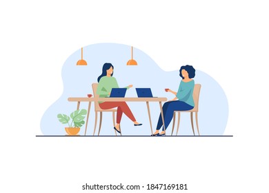 Two Women Sitting In Cafe With Laptops. Drink, Computer, Work Flat Vector Illustration. Meeting And Coffee Break Concept For Banner, Website Design Or Landing Web Page