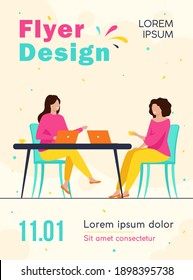Two women sitting in cafe with laptops. Drink, computer, work flat vector illustration. Meeting and coffee break concept for banner, website design or landing web page