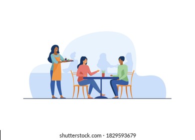 Two women sitting in cafe. Waiter, lunch, conversation flat vector illustration. Friendship and relationship concept for banner, website design or landing web page