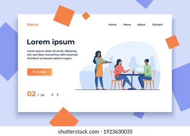 Two women sitting in cafe. Waiter, lunch, conversation flat vector illustration. Friendship and relationship concept for banner, website design or landing web page