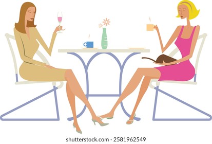 Two Women Sitting with Drinks at a Floral-Decorated Table – Vector Illustration