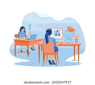 Two women sitting in front of a computer. Managers provide instructions to assistants for education and training. Woman with phone calling to customer support service concept. 