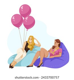 Two women are sitting on bean bags and one of them is holding a pink balloon. The scene is lighthearted and fun, with the pink balloons adding a playful touch to the image. Vector illustration